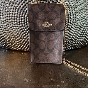 Coach Brown and Black Signature Chain Crossbody Phone Pouch